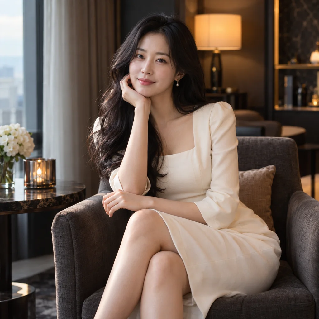 서울 강남 여성전용 토닥이 상담 안내 - 아이보리 원피스를 입고 차콜 호텔 라운지에 앉은 성인 한국인 여성 모델