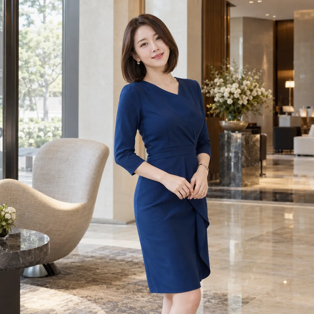 서울 강남 소프트 아로마 이용 범위 안내 - 사파이어 원피스를 입고 월넛 호텔 로비에 선 성인 한국인 여성 모델