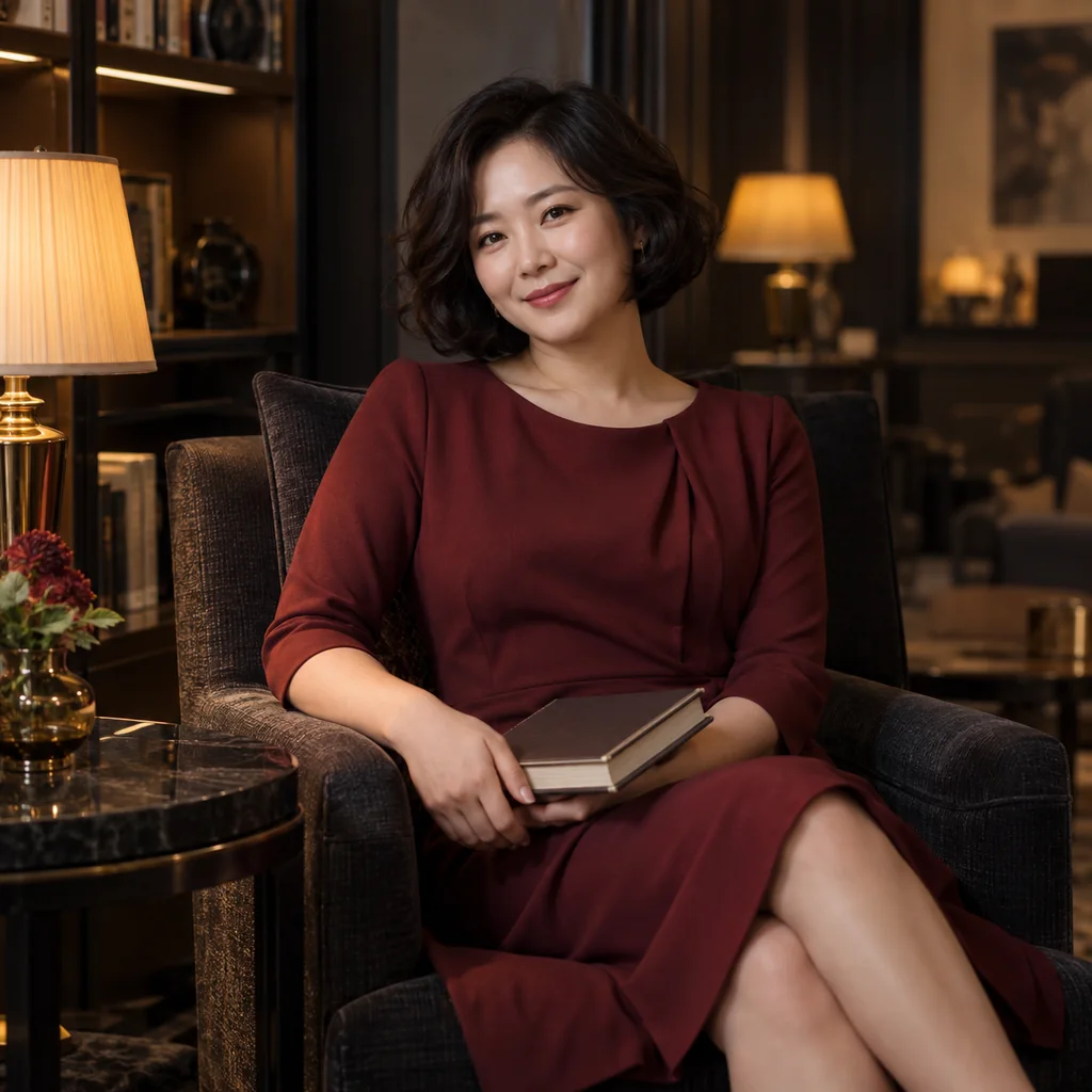 천안·대전·대구·부산 등 주요 도시 리듬 타이 방문 케어 안내 - 버건디 원피스를 입고 앰버 조명의 독서 라운지에 앉은 성인 한국인 여성 모델