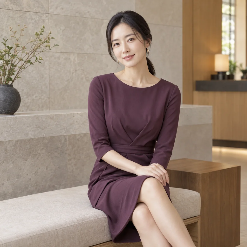 경기 지역 리듬 타이 방문 케어 안내 - 플럼 원피스를 입고 스톤 리셉션 라운지에 앉은 성인 한국인 여성 모델