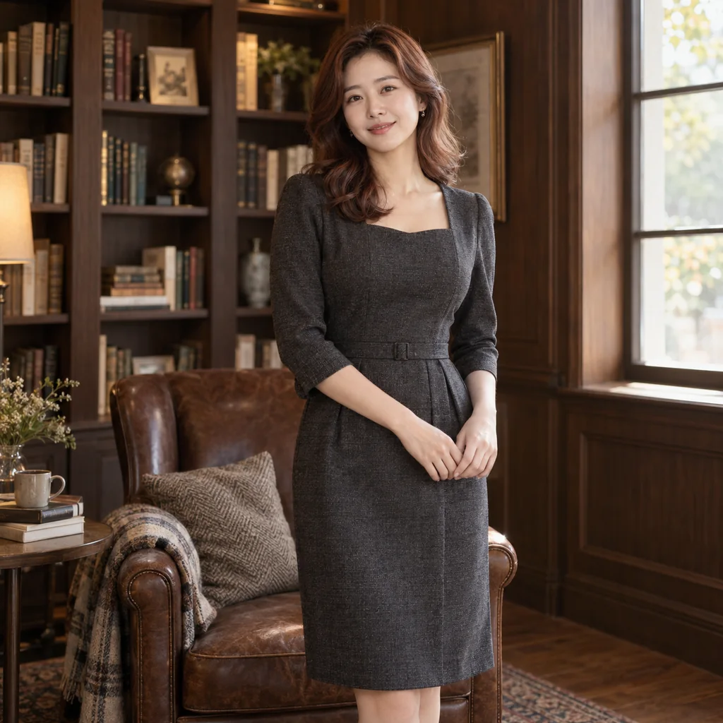 경기 지역 소프트 아로마 이용 범위 안내 - 차콜 원피스를 입고 우드 라이브러리 라운지에 선 성인 한국인 여성 모델