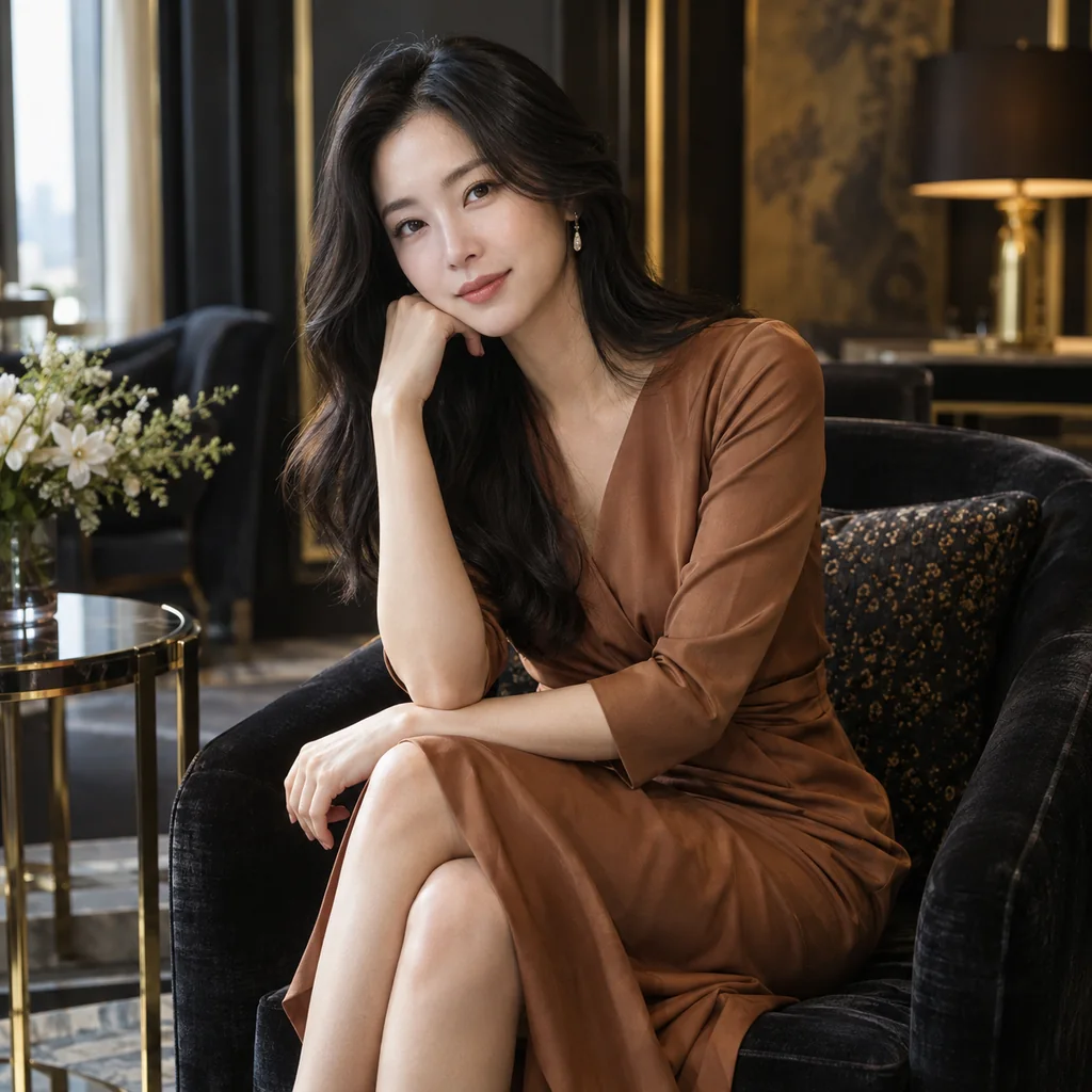서울 강남 슬로우 힐링 예약 시간 안내 - 코퍼 원피스를 입고 블랙 골드 호텔 살롱에 앉은 성인 한국인 여성 모델