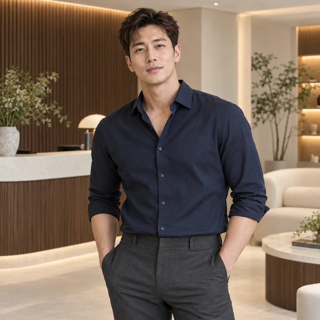 서울 강남 여성전용 토닥이 방문 상담 안내 - 네이비 셔츠를 입고 크림 월넛 리셉션에 선 성인 한국인 남성 모델