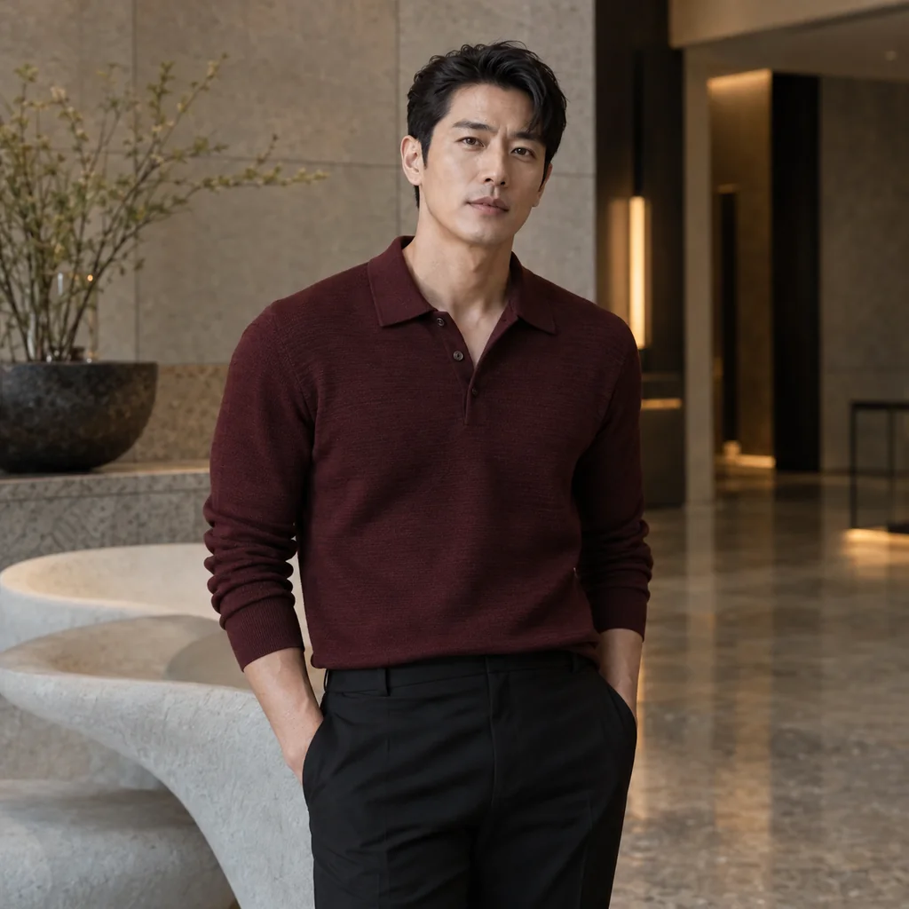 서울 강남 여성전용 코스 이용 범위 - 버건디 니트를 입고 미니멀 스톤 로비에 선 성인 한국인 남성 모델