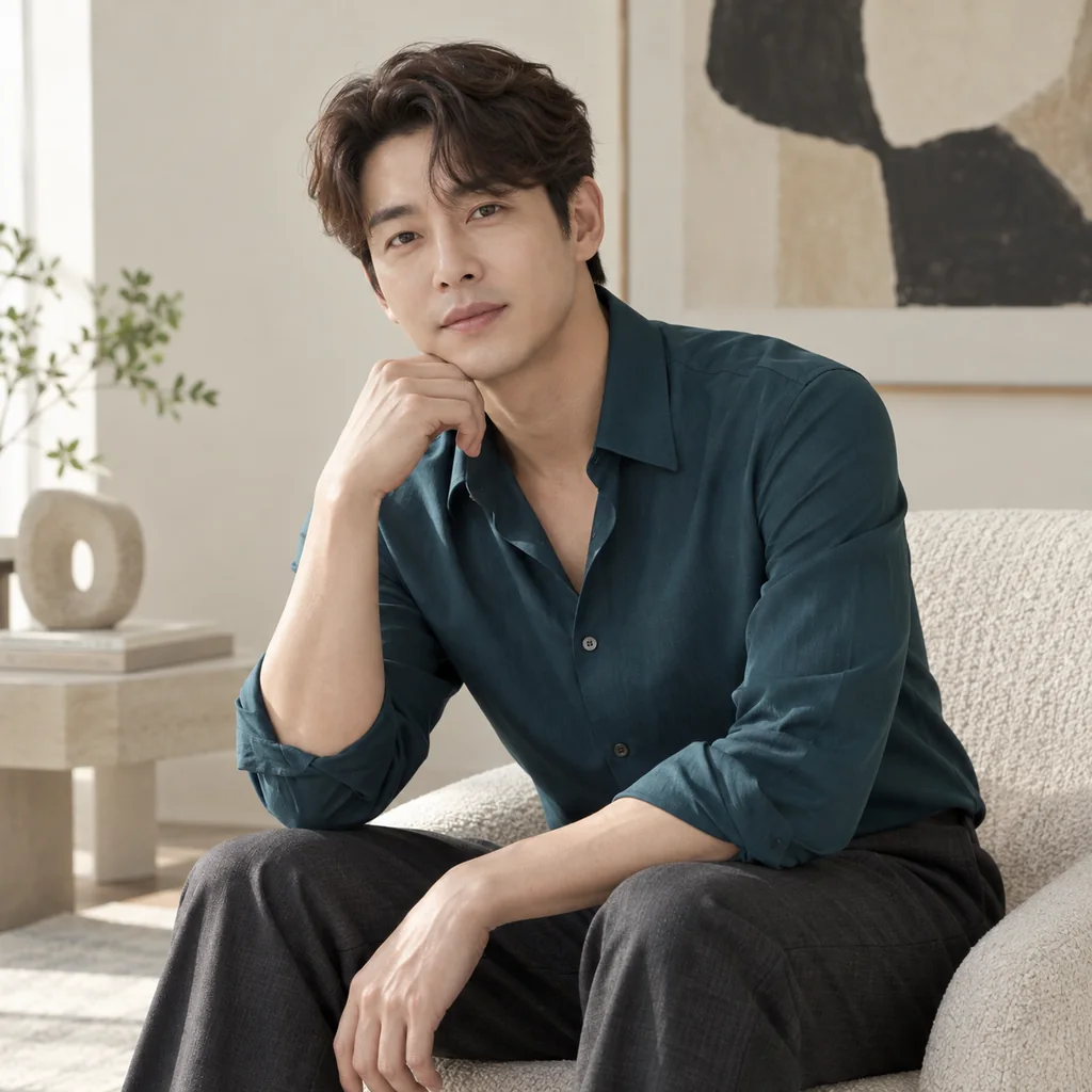 서울 구로 여성 고객 맞춤 상담 안내 - 딥 틸 셔츠를 입고 크림 갤러리 라운지에 선 성인 한국인 남성 모델